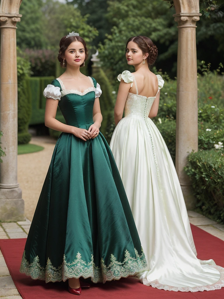 (best quality, 10k high res, masterpiece:1.2), ultra-detailed, (photo-realistic:1.37), ((best quality)), ((masterpiece)), (detailed), ((Jenna Coleman as a refined little lady from the Elizabethan era standing in a lavish stately garden in brilliant sunshine)), ((enigmatic smile)), perfect eyes, ((beautiful high gloss shiny oiled skin)), ((Spectacular emerald green satin and white lace Elizabethan gown)), ((Elizabethan era hair and make-up)), ((blushed red cheeks)), ((light red lips)), ((full-length body)), back view, Elizabethan era hair style and make-up,