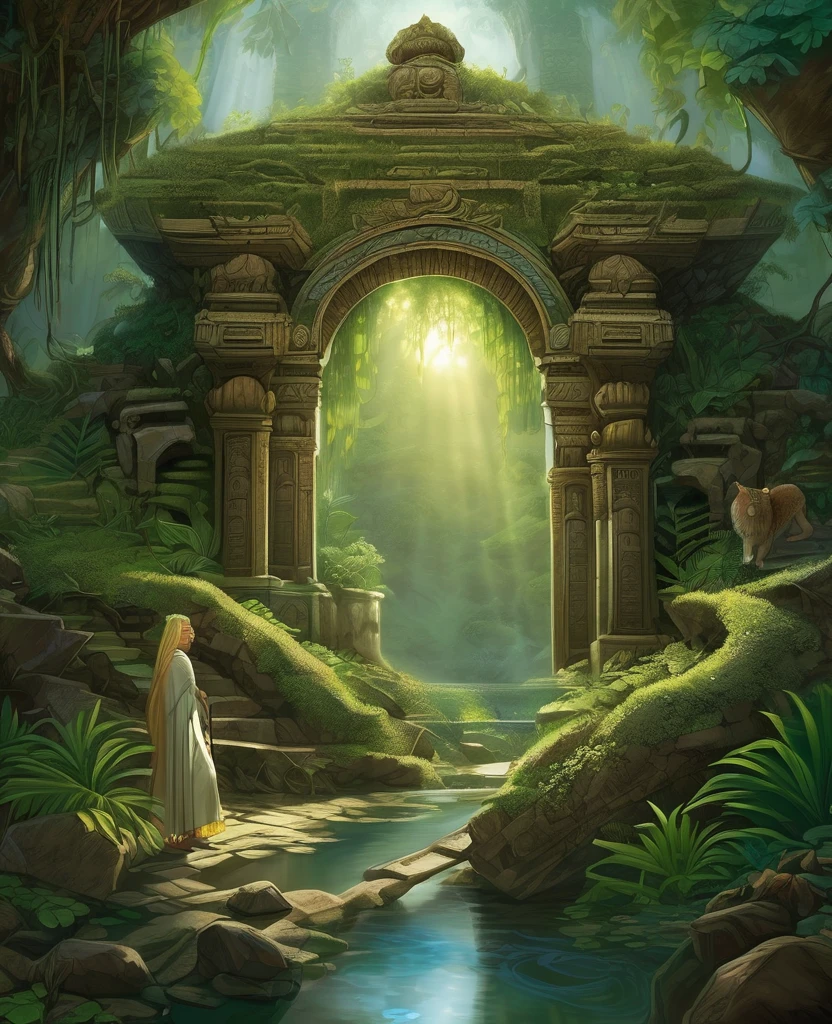 The thousand-year-old temple is dying, the jungle is swallowing it up again. The goddess Astartèe is no longer honored, the rites have disappeared, as have the offerings. The amazons guardians of the place, who have become useless, have left. The faithful no longer come to sacrifice themselves for her. only the old sage, timeless guardian of dogma mourns the departure of his young and very spiritual blonde priestess who gave meaning to the life of the community, the joy of being able to honor a unique spirit in this very eventful universe. the jungle takes over, the plants cling to the sculpted stones, the animals take over the holy places. Silence is king, interrupted by the cries of birds and the sounds of the forest which mix in the deep corridors. the sun diffuses a peaceful light through the branches and leaves of the shrubs which is reflected in the pools of stagnant water. The damp earth and moss-covered walls exude a smell of earth and mystery. Is something missing? old Acalt was right again, nothing is definitive in this world.
