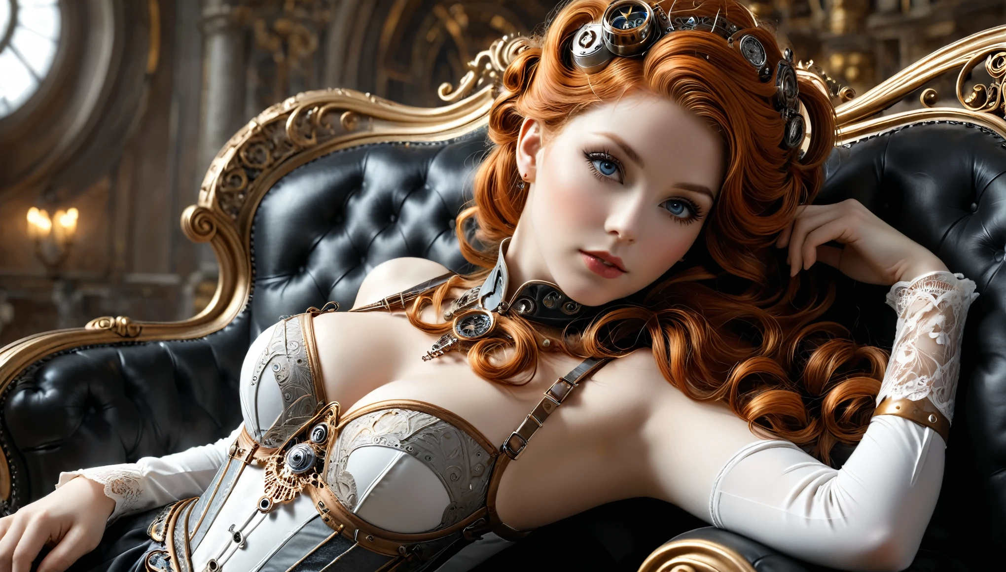 photo, 8k ((surréaliste)) statue d'une sublime femme rousse Steampunk en marbre blanc alangui sur un sofa complexe, plan large, corps entier jusqu'aux hanches, taille fine, souriante et radieuse, bustier étroit incrusté de fines dentelles techniques complexe fractal, bustier effet push-up, complexe, élégante et sensuelle, yeux sublime et intenses, yeux très détaillés, très détaillé, majestueuse, digital photography, art by artgerm and ruan jia and greg rutkowski surréaliste painting gold and silver filigree, (cheveux très long), verre brisé, (chef-d'oeuvre artistique, Éclairage latéral, HDR, Réaliste, HD), sublime grosse poitrine push-up,