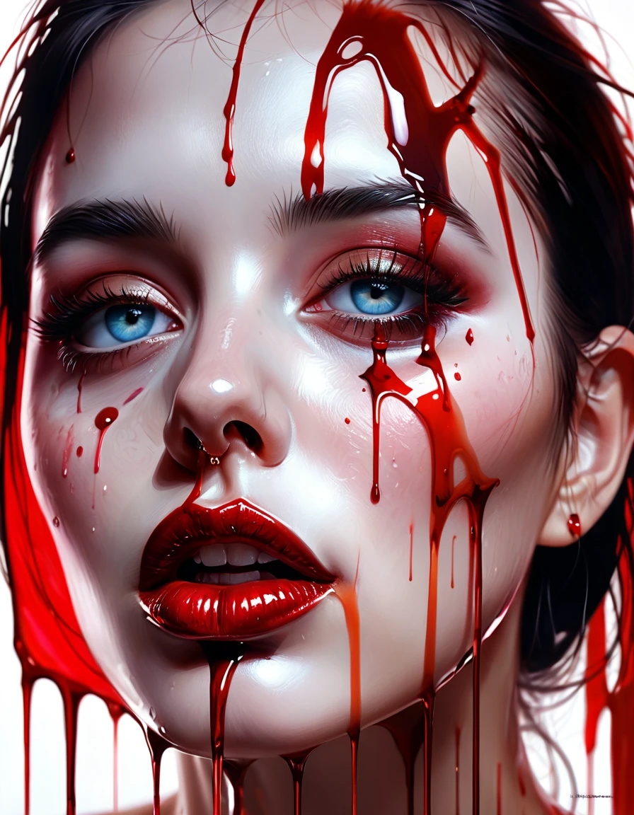 painting of a woman with blood dripping down her face, lois van rossdraws, rossdraws1.0, wadim kashin. ultra realistic, glossy digital painting, rossdraws 2.0, art of alessandro pautasso, jean-sebastien rossbach, sultry digital painting, detailed painting 4 k, artgerm julie bell beeple, wet lips