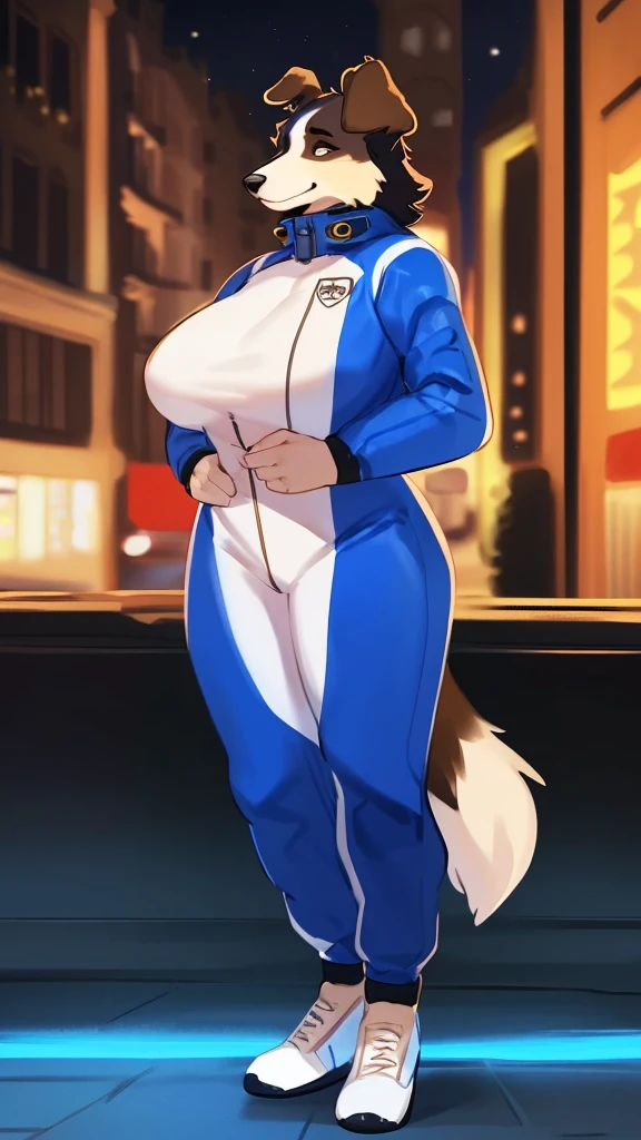 By bebebebebe, by lostgoose, by goonie-san, solo, female, canine, (((hair, sheepdog))), standing, (tail, snout, detailed eyes), standing, (french city), ((prada spacesuit)), adult, mature, big breasts