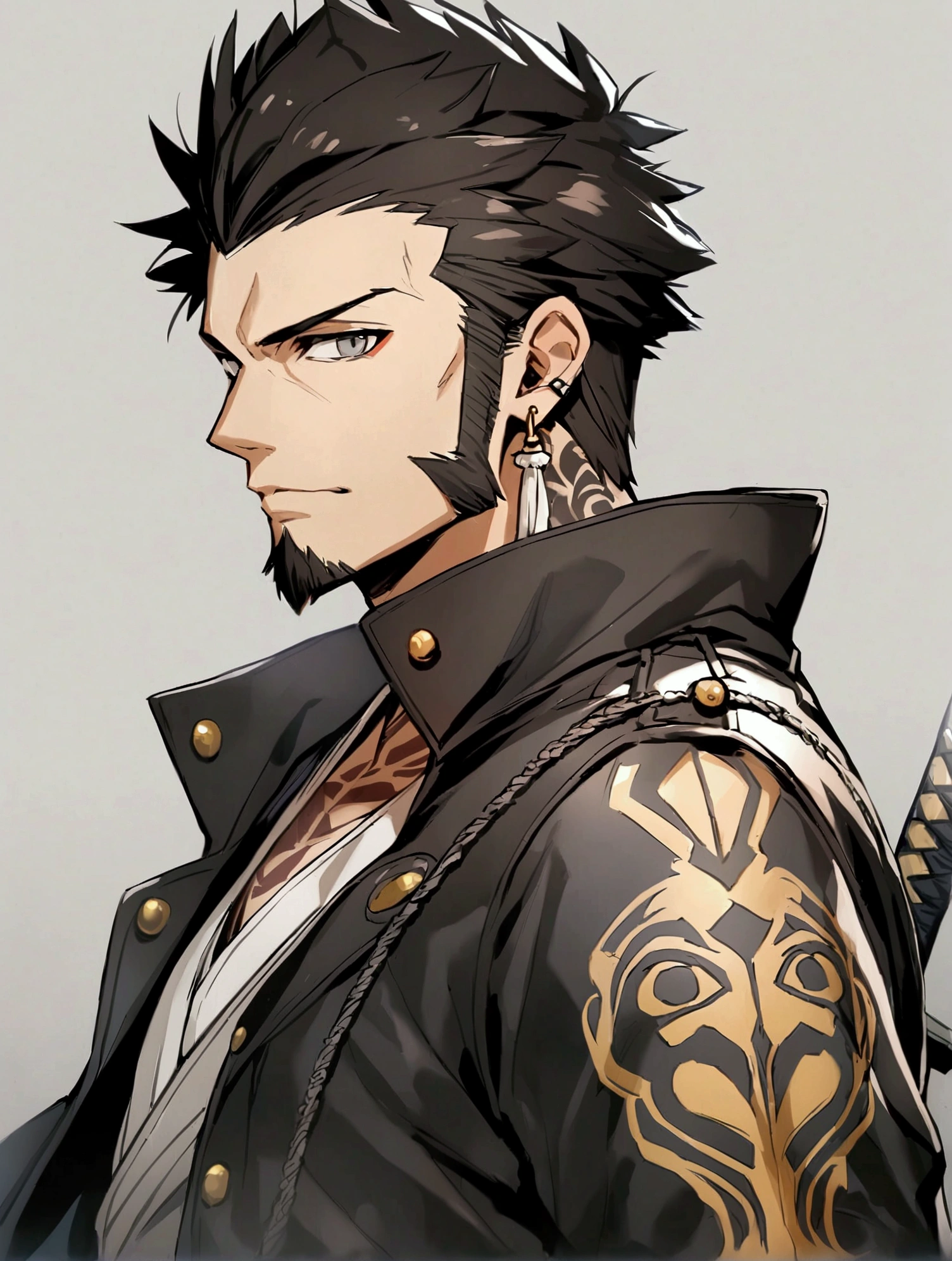 solo, looking at viewer, short hair, black hair, long sleeves, 1boy, hat, jewelry, closed mouth, jacket, upper body, weapon, male focus, earrings, sword, coat, grey eyes, tattoo, facial hair, katana, sheath, beard, black coat, sheathed, sideburns, goatee, long sideburns, weapon on back, hand tattoo, trafalgar law