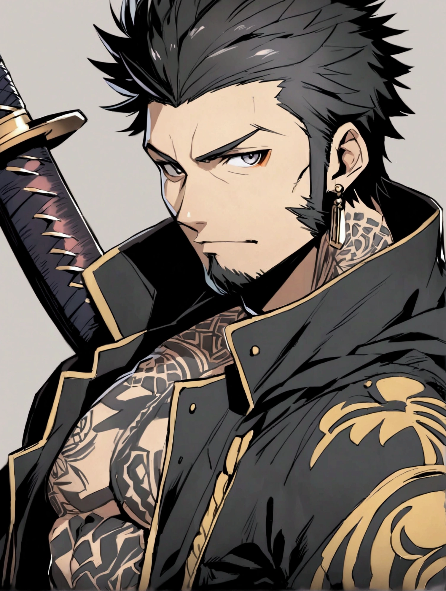 solo, looking at viewer, short hair, black hair, long sleeves, 1boy, hat, jewelry, closed mouth, jacket, upper body, weapon, male focus, earrings, sword, coat, grey eyes, tattoo, facial hair, katana, sheath, beard, black coat, sheathed, sideburns, goatee, long sideburns, weapon on back, hand tattoo, trafalgar law