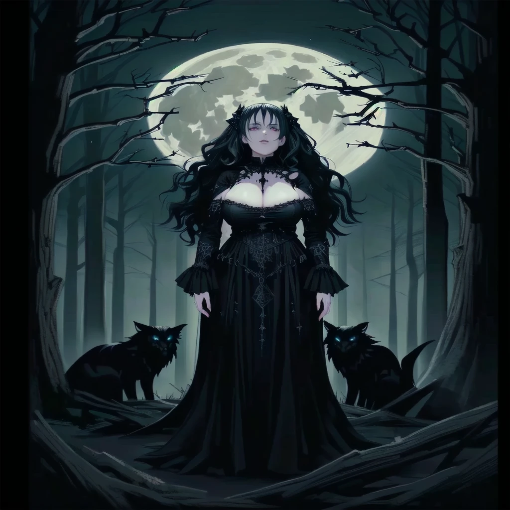 a woman in a black dress standing in front of a full moon, dark fantasy style art, gothic fantasy art, gothic maiden of the dark, in style of dark fantasy art, gothic maiden, dark fantasy art, hecate, gothic art style, hecate goddess, fantasy dark art, gothic art, dark fantasy horror art, gothic maiden anime girl, gothic wraith maiden