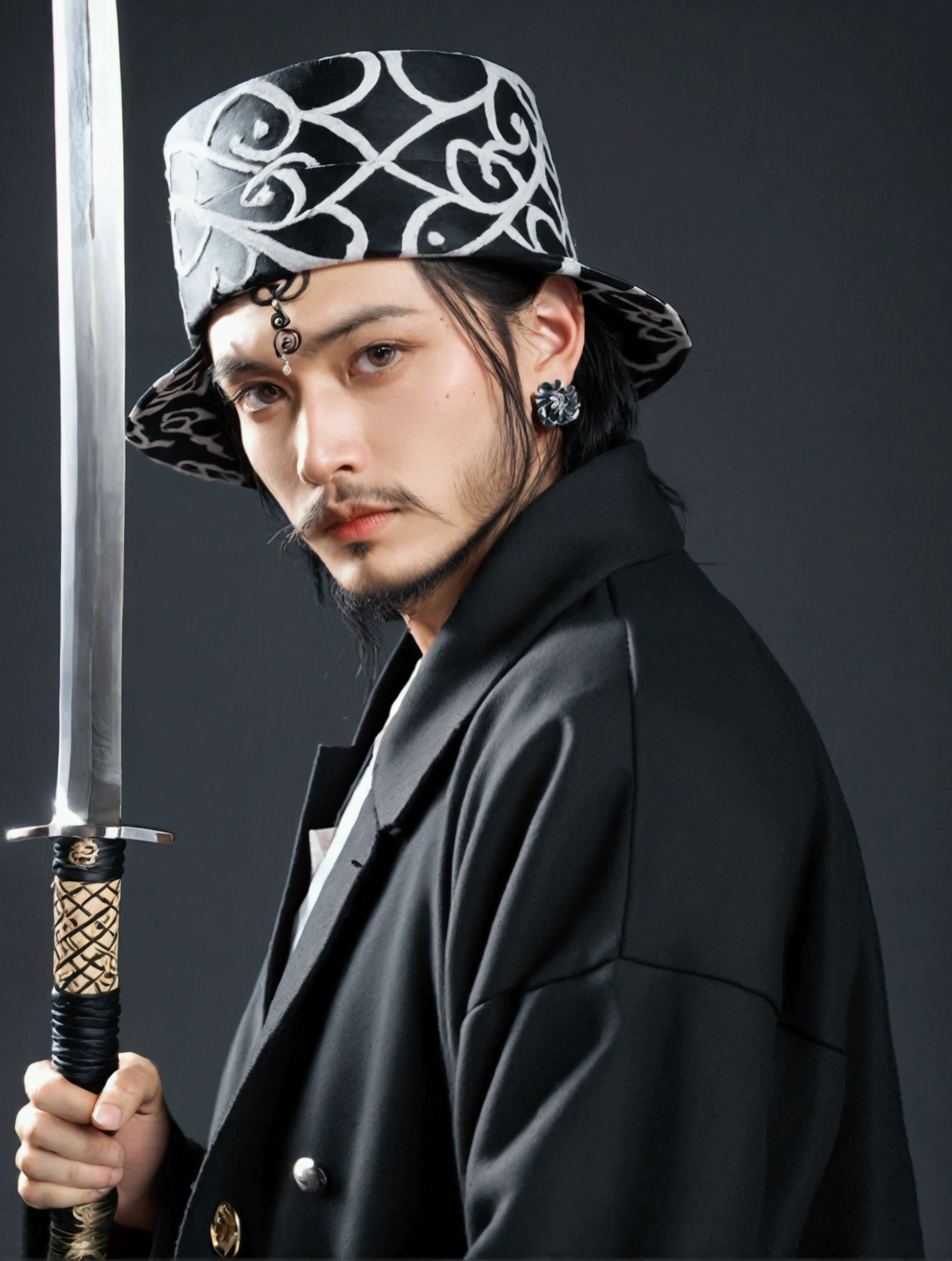 solo, looking at viewer, short hair, black hair, long sleeves, 1boy, hat, jewelry, closed mouth, jacket, upper body, weapon, male focus, earrings, sword, coat, grey eyes, tattoo, facial hair, katana, sheath, beard, black coat, sheathed, sideburns, goatee, long sideburns, weapon on back, hand tattoo, trafalgar law