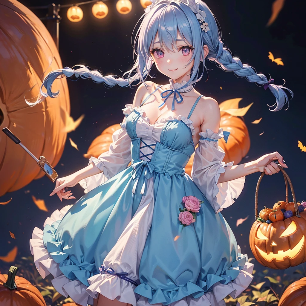 (Light blue medium hair),(Braided hair tied together)、Pink eyes、Fair skin、cowboy shot、Halloween、a lot of pumpkin、The background is a pumpkin ghost、Trick or Treat、Lollipop、Cosplay、Bunny girl、A surprising smile、A dignified figure、solo、(masterpiece、Highest quality、Very detailed、Best Shadow)、(Detailed Background)、(Beautifully detailed face)、High contrast、(Best lighting、Very delicate and beautiful)、((Cinematic Light))、colorful、Hyper Detail、Dramatic Light、Exquisite detail、