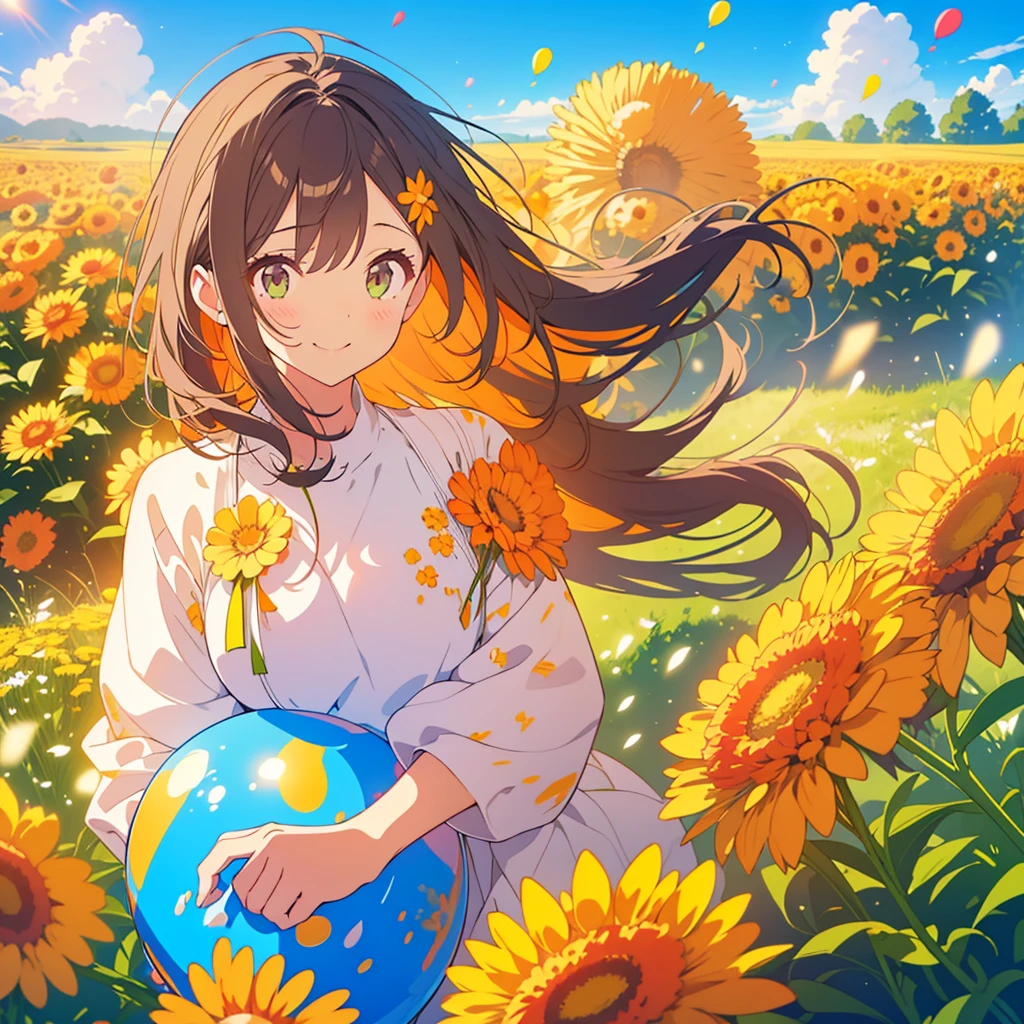 kawaii, anime, Cute, hyper quality, highly detailed, 8k, Clarity, dark brown long hair, smile, green eyes, round marigold, orange round marigold flower field, round marigold flower field, sit on a flowering hill, colorful balloons, balloons are flying in the sky, flower garden, morning dew, Shining light, particles of light, dazzling smile, Draw facial expressions in detail, Draw the eyes in detail, white casual clothes, A breeze flows, celebration, A large number of balloons fly into the sky, look up at the sky, A dynamic posture, balloon, clear blue sky, curled marigold, happy birthday, blue sky, clear sky, rainbow colored balloons, colorful balloons, release a large number of balloons into the sky, upper body, hold one's hand in the sky,