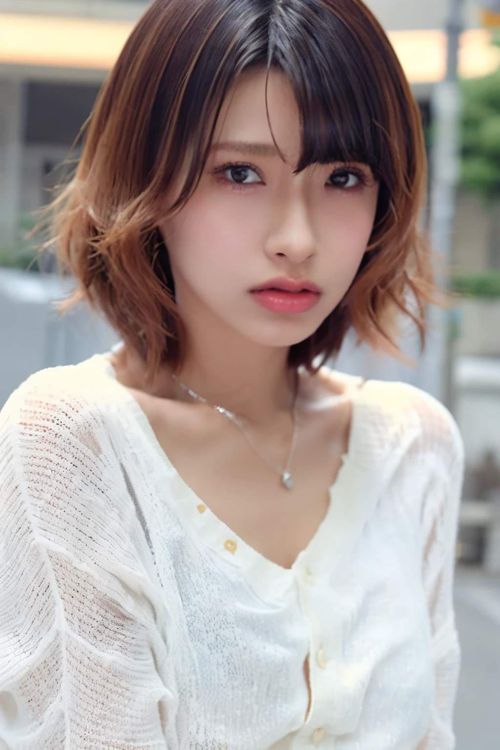 (Highest quality, 8k, 32k, masterpiece, Ultra-high resolution: 1.2), Cute Japanese Women Photos, Very short bob hair, Face Focus, (Extra Large_sweater,:1.1) necklace, Simple Background, Watch Viewer, Leaning forward, whole body