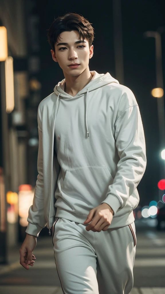 Ezra Miller, a realistic photo of man in a worn out dress ((White tracksuit)), ((bokeh clear)), intricate, (steel metal [rust]), chic, sharp focus, photo by greg rutkowski, soft lighting, swirly vibrant colors, (work of art), ((streets)), (face detailed), looking ahead at viewer, drlight smile, natta, walking towards the viewer, cinematic lighting, beautiful lighting, cinematic lighting, (hazy filter, film grain:1.2)
