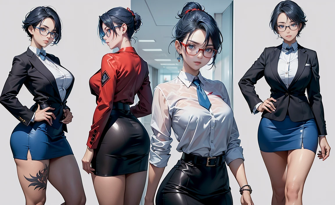 ((Masterpiece, of the highest quality)), 8k, detailed face, (character design sheet), full bodyesbian, full of details, front view of the body, rear view of the body, Very detailed, depth, many parts, Multiple poses and expressions. (mature woman) (short faded blue hair, undercut hairstyle) (Red eyes), 35 years old, (Name:Milana fox) ,dominant beautiful girl, Same character, muscled body, evil smile, angry expression red lips, (Business suit), tall girl, Chokers, (Sexy office lady ), tattoos, glasses, (short blue skirt), White shirt, shackles, media, black tie