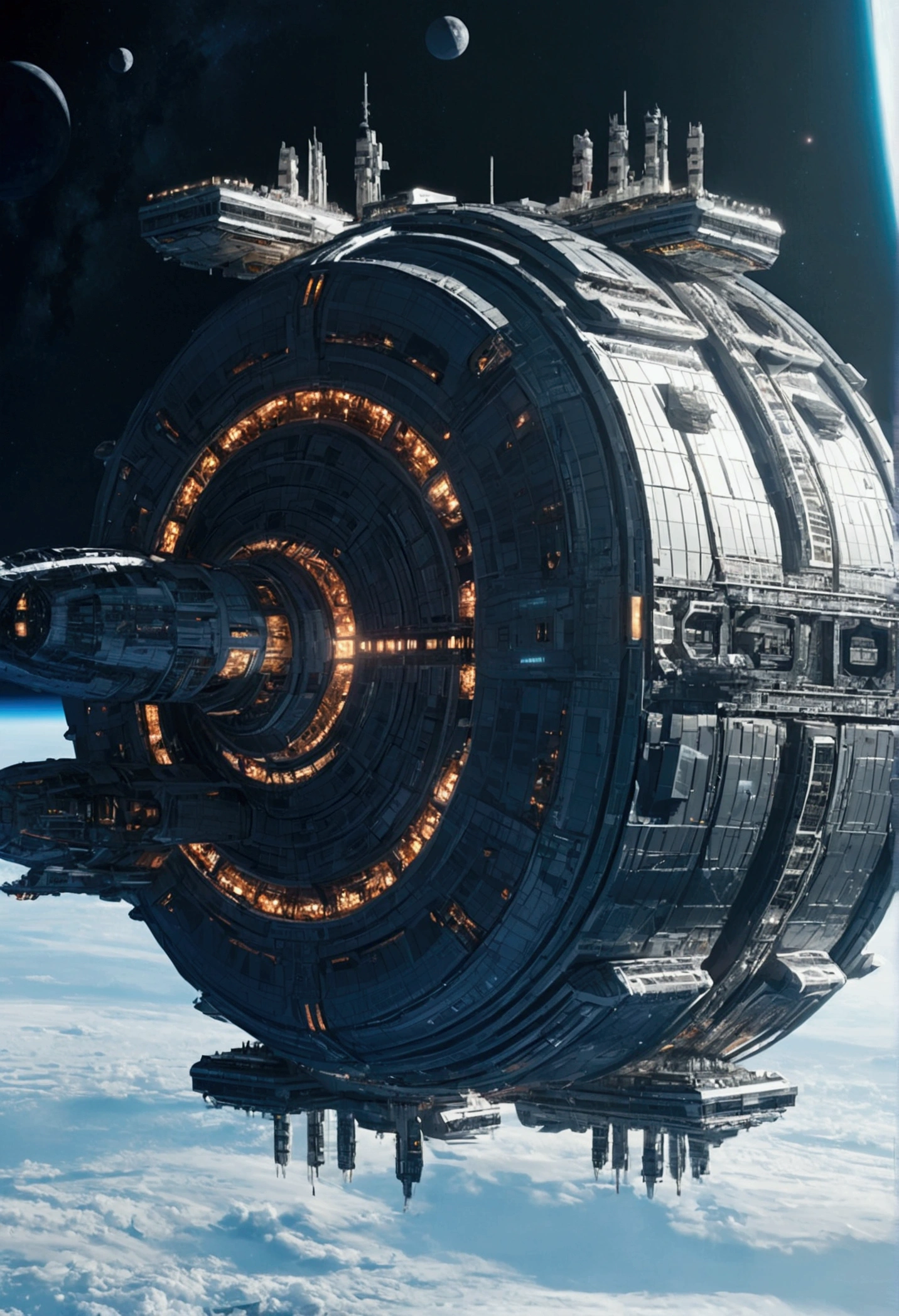 Futuristic space station of massive size seen from afar, Full view