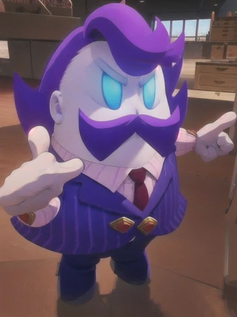  haltmann, purple hair, purple mustache, arms, wearing a dark blue suit with pink vertical lining, pink shirt, red tie, black shoes, gold suit button with a red diamond, pale purple gloves, pink cuffs, pale purple skin, blue eyes, golden earpiece with antenna