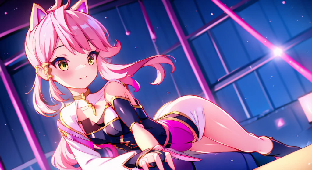 An anime girl with cat ears. Fake cat ears, and the cat ears are framed in gold on the head, long pink hair, very long hair, bright pink hair, white miniskirt with gold belt, She wears white gloves on her hands, pinker BH pinker Tanger, around the neck a golden collar, View to the viewer, 
sexly, large , tight juicy ass, elongated yellow eyes with pink fragments, cute face",,