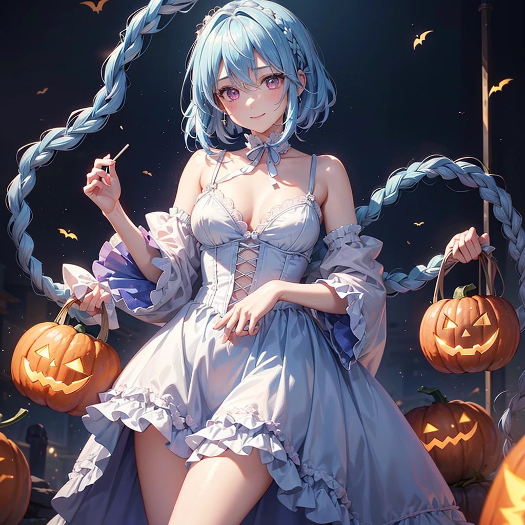 (Light blue medium hair),(Braided hair tied together)、Pink eyes、Fair skin、cowboy shot、Halloween、The background is a pumpkin ghost、Trick or Treat、a lot of pumpkin、Lollipop、Cosplay、A surprising smile、A dignified figure、solo、(masterpiece、Highest quality、Very detailed、Best Shadow)、(Detailed Background)、(Beautifully detailed face)、High contrast、(Best lighting、Very delicate and beautiful)、((Cinematic Light))、colorful、Hyper Detail、Dramatic Light、Exquisite detail、