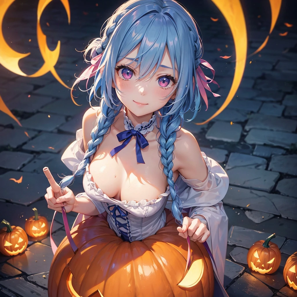 (Light blue medium hair),(Braided hair tied together)、Pink eyes、Fair skin、cowboy shot、Halloween、The background is a pumpkin ghost、Trick or Treat、a lot of pumpkin、Lollipop、Cosplay、A surprising smile、A dignified figure、solo、(masterpiece、Highest quality、Very detailed、Best Shadow)、(Detailed Background)、(Beautifully detailed face)、High contrast、(Best lighting、Very delicate and beautiful)、((Cinematic Light))、colorful、Hyper Detail、Dramatic Light、Exquisite detail、