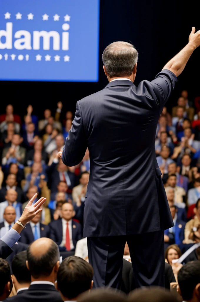 Politician seen from behind with raised hand speaking to a crowd and social media icons are seen above him