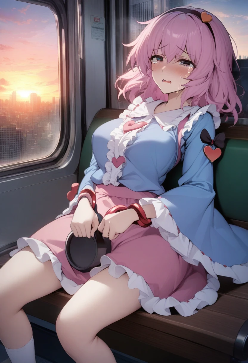 masterpiece, best quality, very aesthetic, absurdres, 1girl, mature_lady,Hands handcuffed, tears_in_eyes, ,komeiji_satori(touhou), pink_hair, hairband, heart_hair_ornament, blouse, blue_shirt, heart_buttons, frilled_shirt_collar, frilled_sleeves, frills, long_sleeves, wide_sleeves, pink_skirt, mary_janes, white_socks, red_footwear,on a bench in a train,the sun set, city landscape over the window,,floating_clothes,