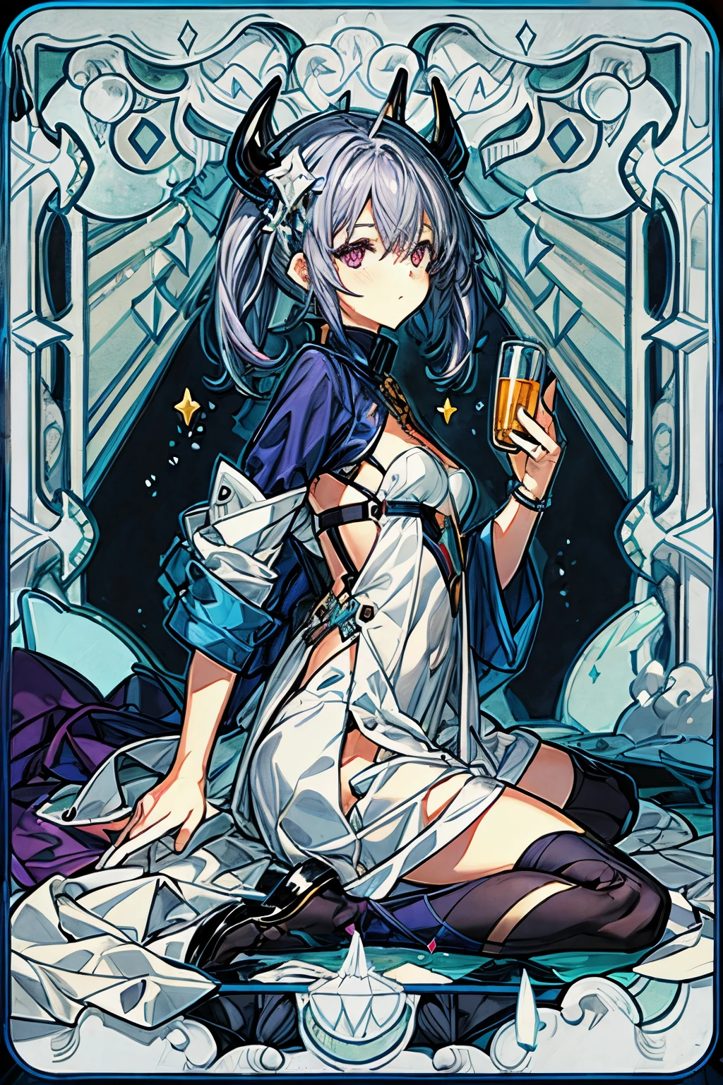 High resolution, masterpiece, Highest quality, One girl, Purple Hair、Inner light blue、Gradation、Small breasts、Odd Eye、Wear warm clothes、devil