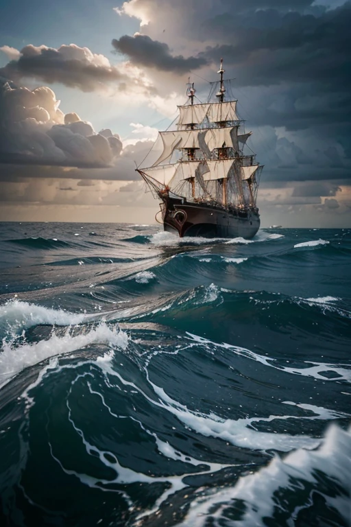 Draw a ship, floating in the sea. A storm is brewing, high waves rose. The ship rocks on the waves.