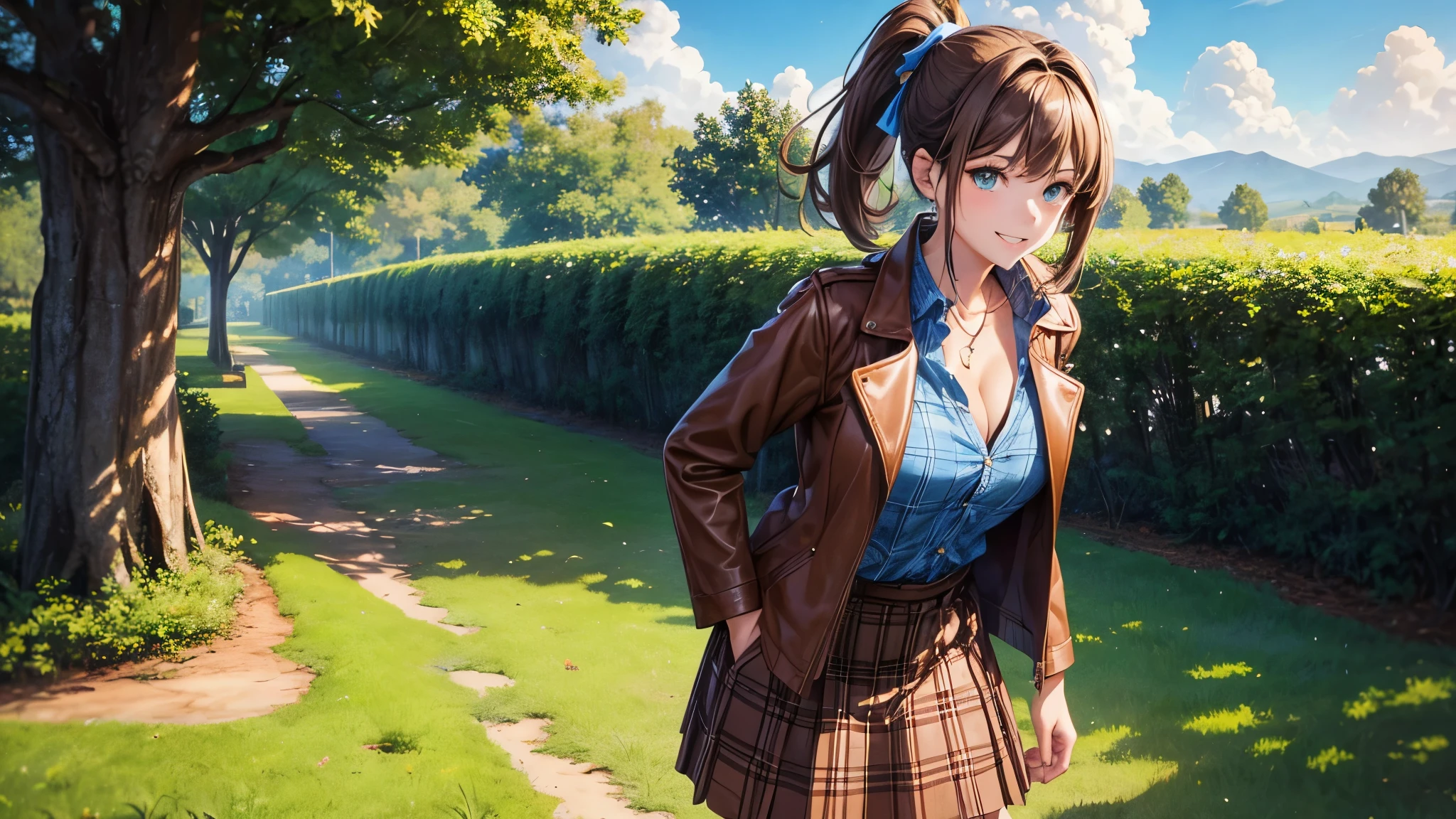 1girl, solo, full body, village, trees, sun, clouds, ((brown hair)), ponytail, large breasts, ((brown leather jacket)), button down shirt, ((blue checked shirt)), ((unbuttoned shirt)), unbuttoning buttons, cleavage 1:3 green eyes, long skirt, brown boots, smile, happy, looking at the viewer, standing, hair ribbon, golden necklate
