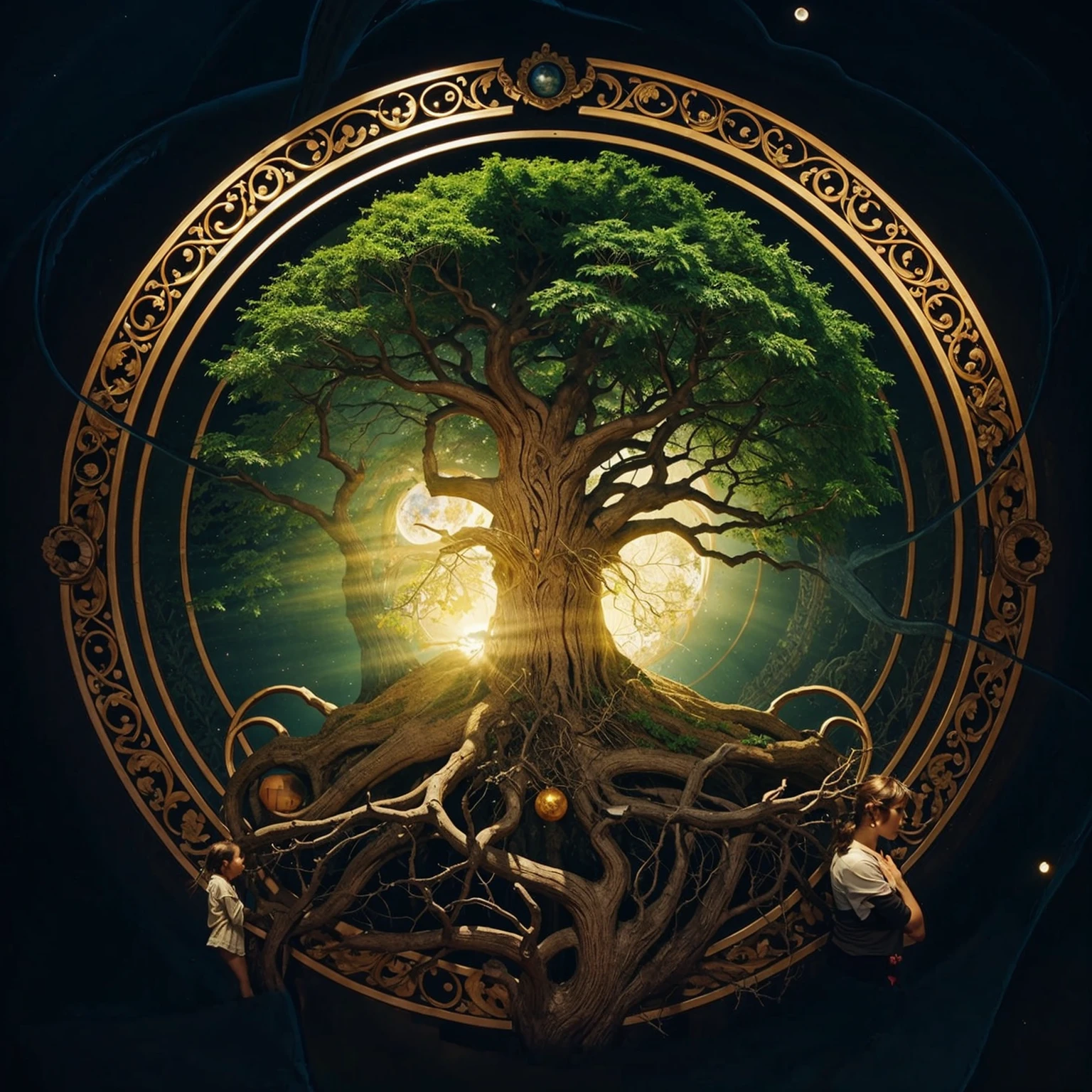 a tree with roots and a moon in the background, Yggdrasil, tree of Life, the tree of Life, tree of Life seed of doubt, Fantasy Tree, golden sacred tree, cosmic tree of Life, the world tree, tree of Life inside the ball, world tree, magic tree, ancient tree, rooted lineage, magic tree