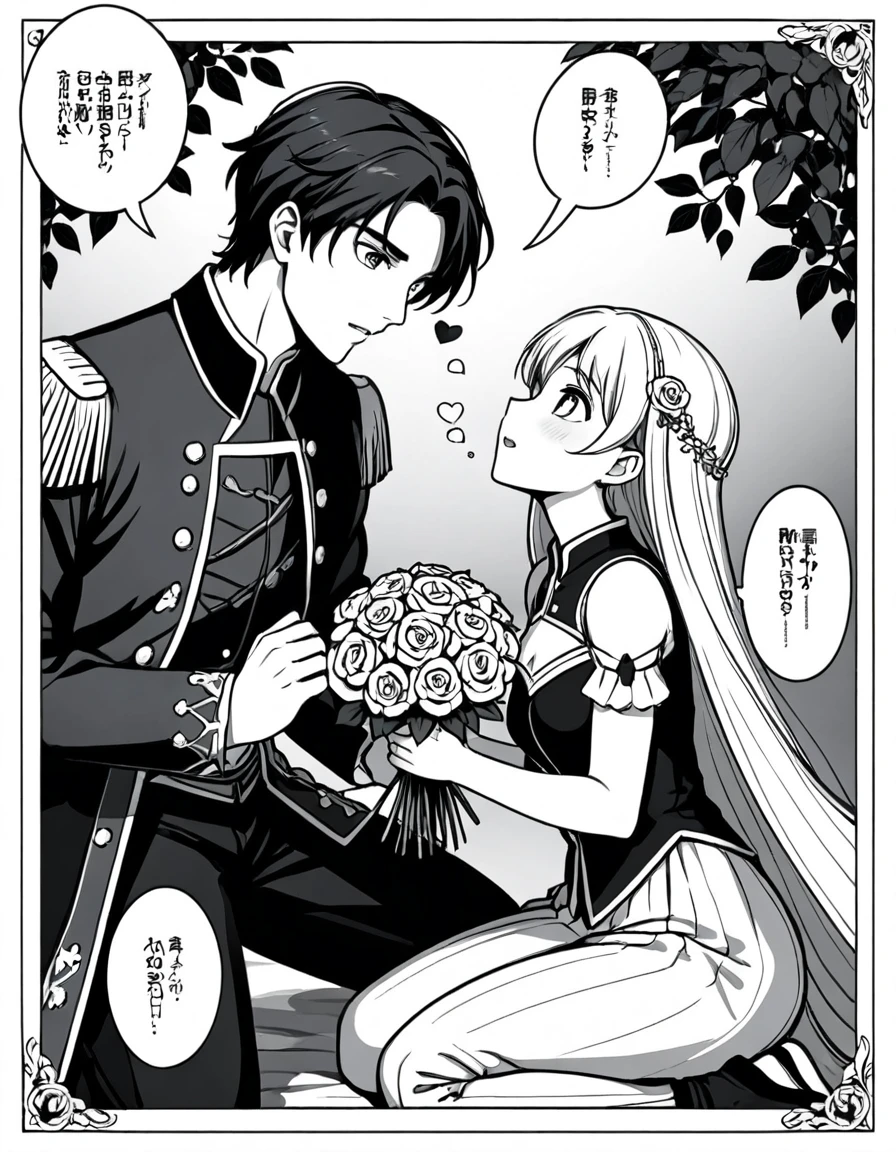 (8k, best quality, master piece: 1.2),super high resolution,ultra-detailed face,deep detailed eyes,A page of a black and white comic book divided into frames、One Western man and one Western woman are Romeo and Juliet、A princess falls in love with a prince,In the last panel, the prince kneels and hands the princess a bouquet of roses.,speech bubble、There is a diagonal panel layout,Powerful boy manga style