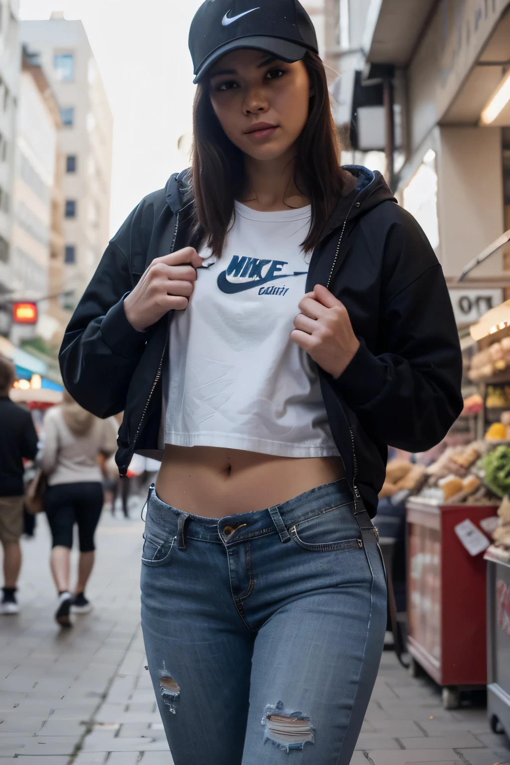 Realistic macro photo of a man wearing a clean hoodie and ripped blue pants.on the front of the jacket is the name REY.
Men also wear Nike shoes and hats while carrying snipers with sexy women against the market background