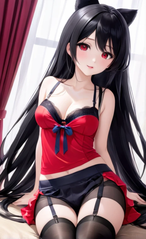 absurdres, highres,  animal ears, black hair, red eyes,  blush, medium breasts extra ears, lace-trimmed panties, lace trim,  long hair, mouse ears, mouse girl,  mouse tail,  multicolored hair, navel, no pants,  parted lips,  pubic hair peek, through clothes,  underwear,  white hair, viewer from behind, focus on ass