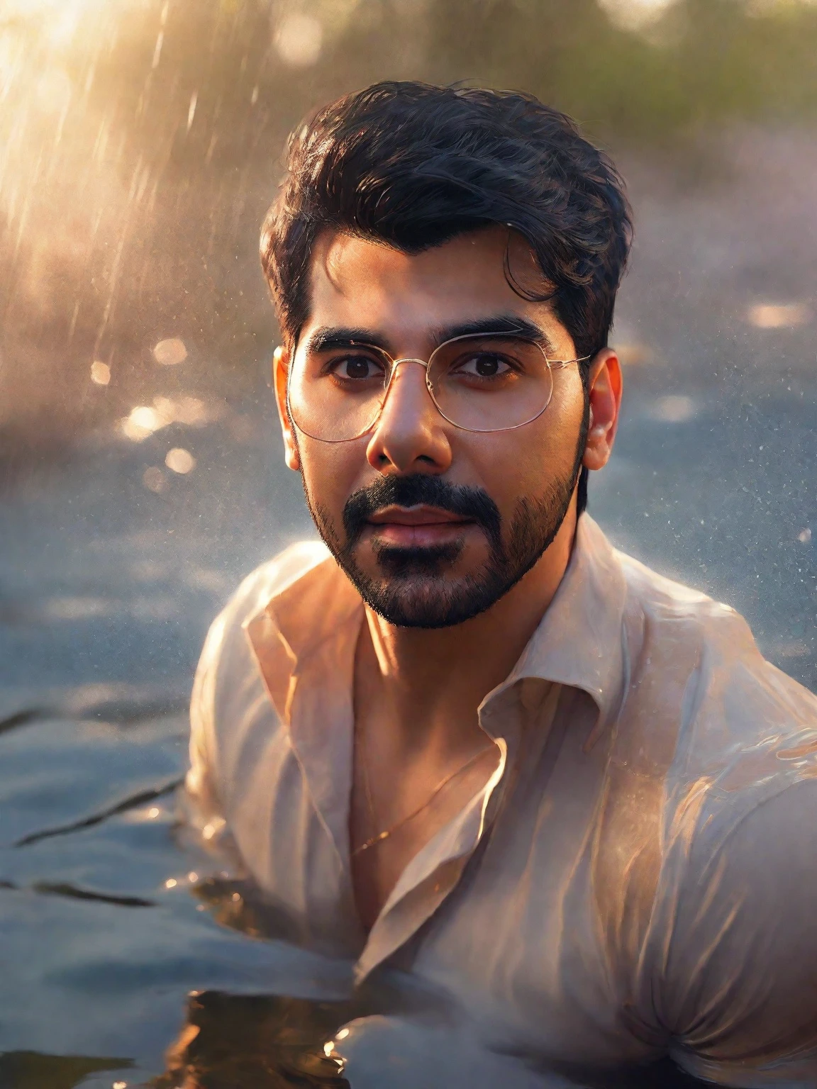 (intricate detail, beautiful/handsome:1.2) ,Friarmoody lighting, close up portrait of sacha dhawan a man Sexy Country Style, bathing in a river, roots, (backlighting) , realistic, masterpiece, highest quality, lens flare, shade, bloom, [[chromatic aberration]], by Jeremy Lipking, by Antonio J. Manzanedo, digital painting, Skin Shine,Shiny Skin,Luscious skin, Smile,Chaos mode,unique details,full body