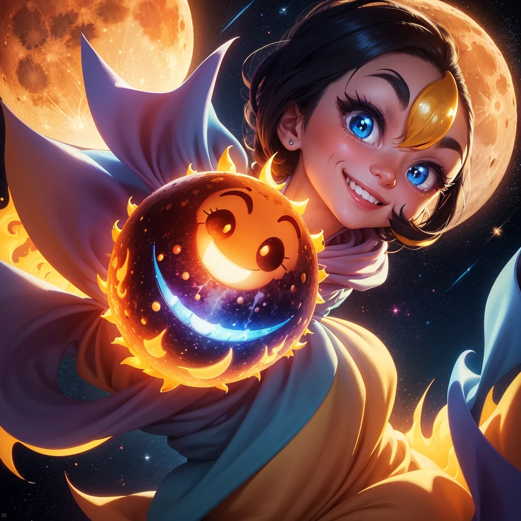 A burning moon emoji in a vibrant and animated cartoon style. The moon has a smiling face, Large and expressive eyes, and is illuminated with a golden yellow glow. The background is full of bright and colorful stars, with a night sky in dark blue tones. The image must be professional, fun and with a playful touch.
