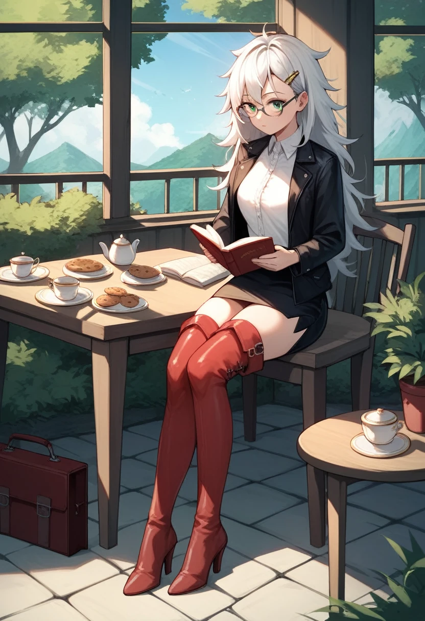 score_9, score_8_up, score_7_up, score_6_up, score_5_up, score_4_up, source_anime, 1girl, full body, sit, white hair, long hair, green eyes, glasses, hairpins, reading book, messy hair, white shirt, leather jacket, skirt, red thigh high boots, heels, day, windows, forest, table, tea, bookcase, cookies, plates, dungeon, best quality, best res, 4K UHD, ultra quality,