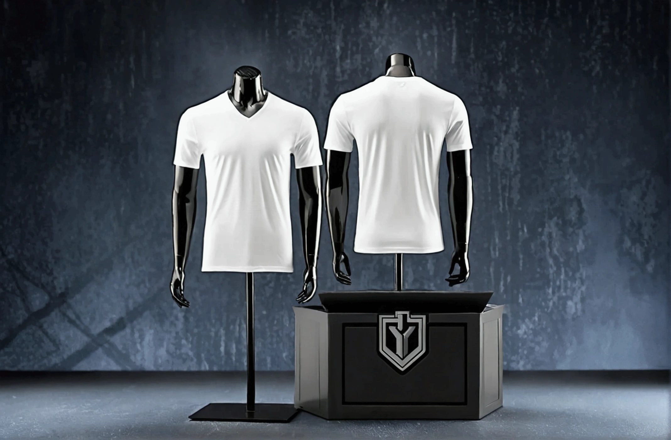 The image shows a mannequin dressed in a white shirt placed in front and back a black V-neck background