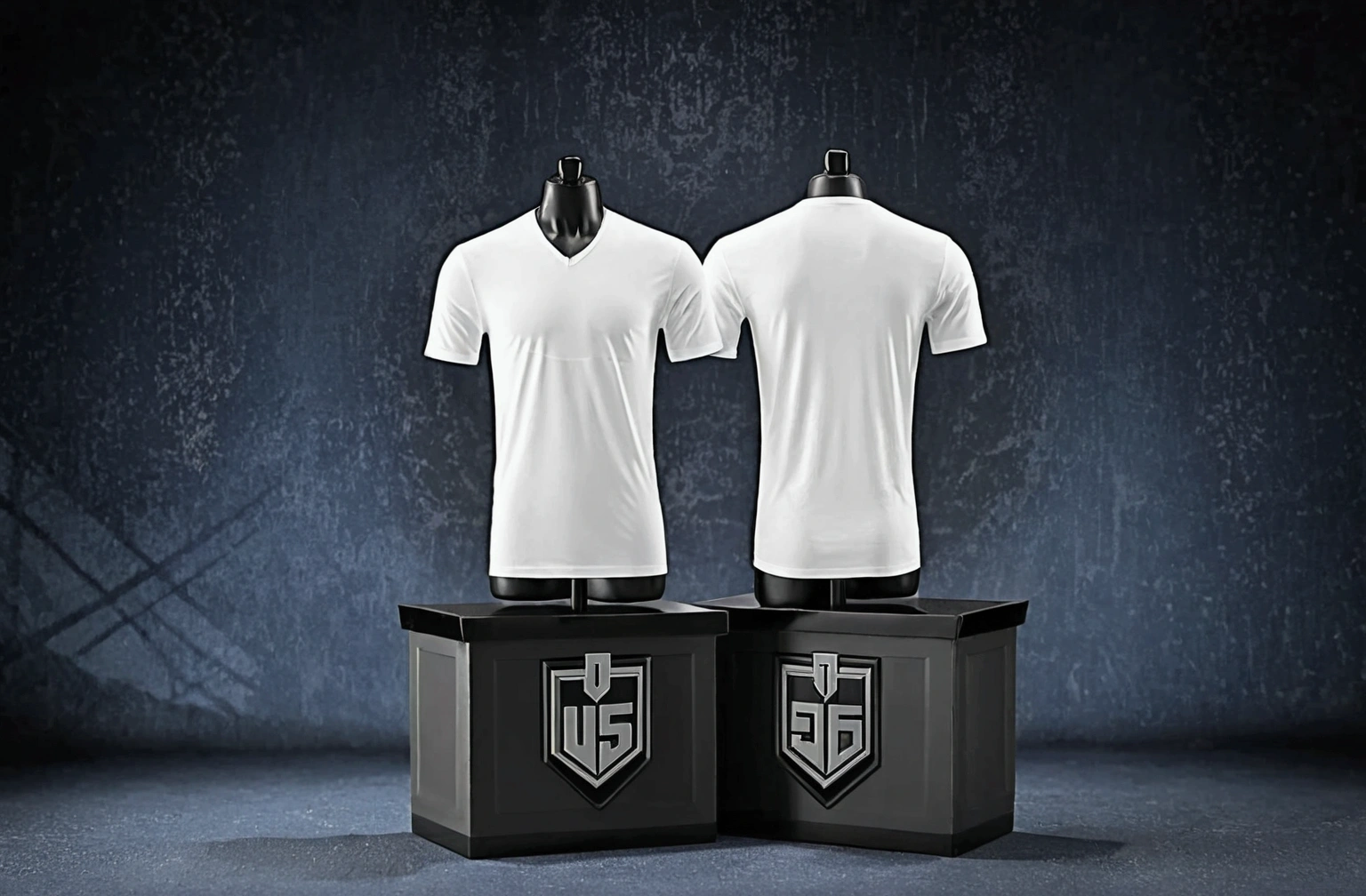 The image shows a mannequin dressed in a white shirt placed in front and back a black V-neck background