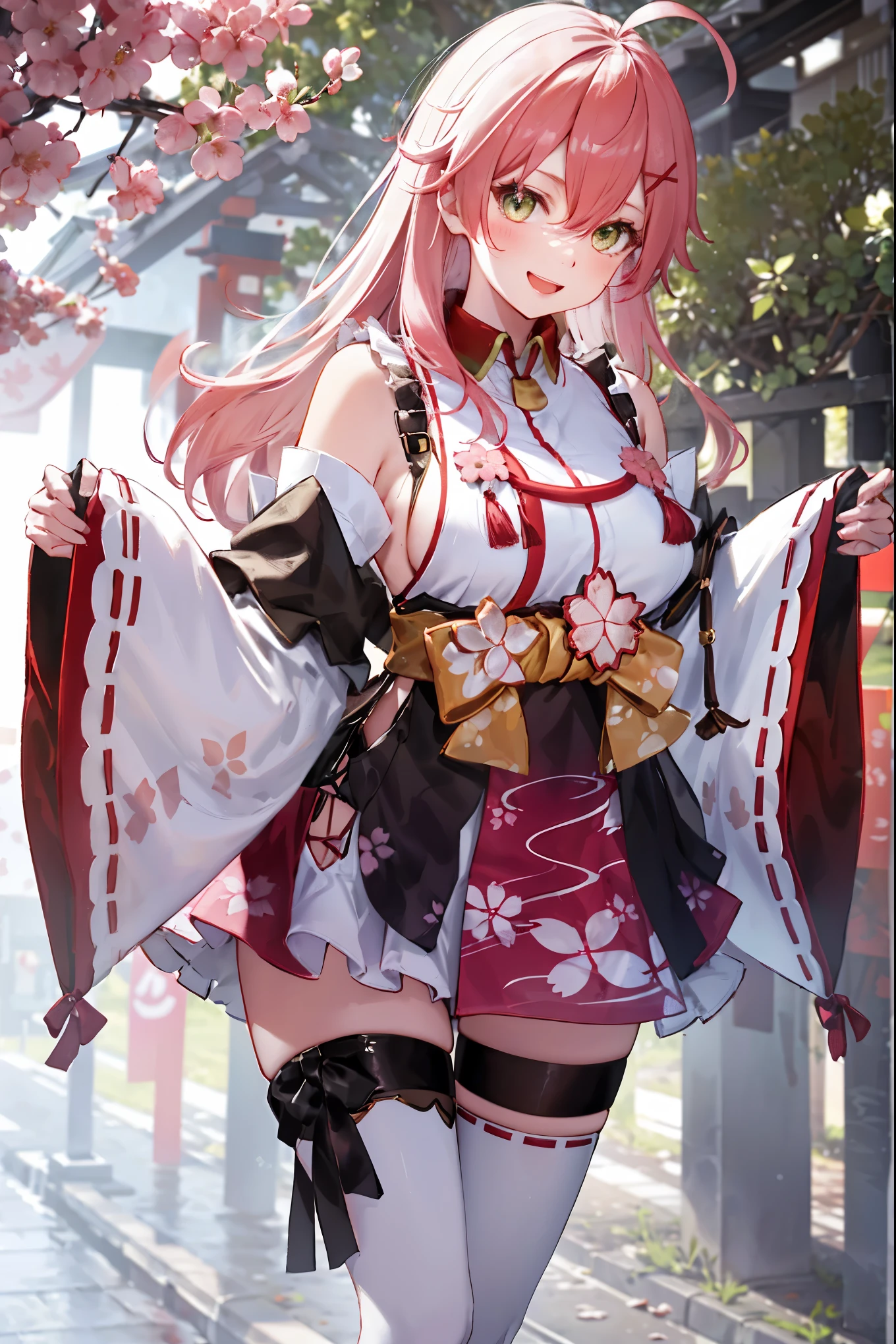 masterpiece, best quality, highres, miko1, sakura_miko, 1girl, big_boobs, solo, ahoge, x_hair_ornament, pink_hair, floral print, hairclip,(side_less_clothes:1.5), (side_boobs:1.5), hair_bell, floral print, long_hair, hair between eyes, one side up, white thighhighs, asymmetrical legwear, wide sleeves, open_mouth,(happy:1.3),gleen_eyes,big_smile,(rise_leg:1.3),plump,apart_legs,(overly_long_sleeves:1.3),),sleeves_past_wrists,hands_hidden_sleeves,sidelock_clothes,dynamic_posing,solo,hidden_wrists,(XD:1.4),covered_nipples,sunlight,cherryblossom_background,