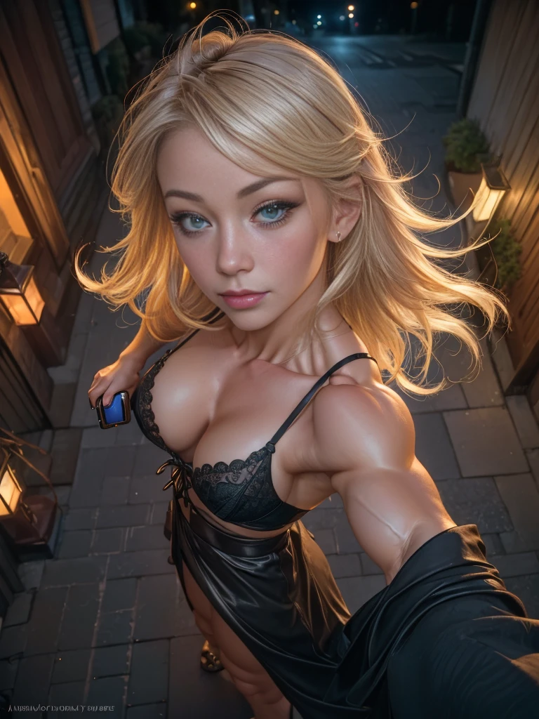 (selfie shot, from above:1.8), RAW uhd portrait photo of a 20-year-old blonde full body posed in lingerie walking down a dark alleyway, (muscular female:1.7), natural breast, biceps, nighttime city background, (red sundress), (cleavage), detailed (textures!, hair!, shine, color!!, imperfections:1.1), highly detailed glossy eyes, head leaned back, (looking up at the camera), specular lighting, dslr, ultra quality, sharp focus, tack sharp, dof, film grain, (centered), Fujifilm XT3, crystal clear, center of frame, cute face, sharp focus, street lamp, neon lights, bokeh, (dimly lit), low key, at night, (night sky)  detailed skin pores, oiled skin, tan, intricate eye detail