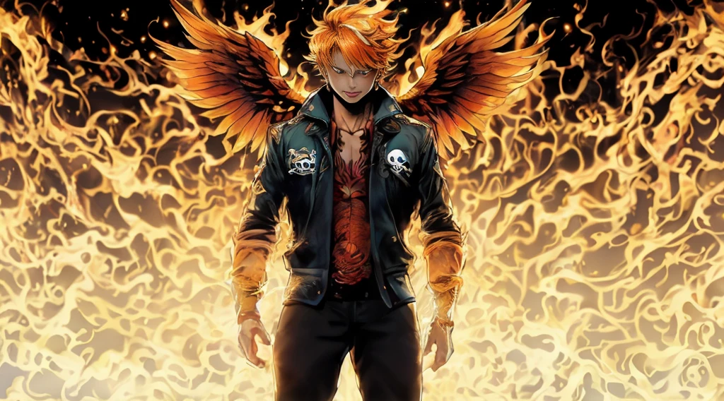 anime character with wings and a skull on his chest in front of flames, god brando, burning wings, joe gb fenton, with golden wings of fire, Sanji, with golden wings of fire of flame, burning bottom, 坏蛋动漫8 K, katekyo hitman reborn, Marco the Phoenix, winged boy, orange hair anime boy, boku no hero academia style