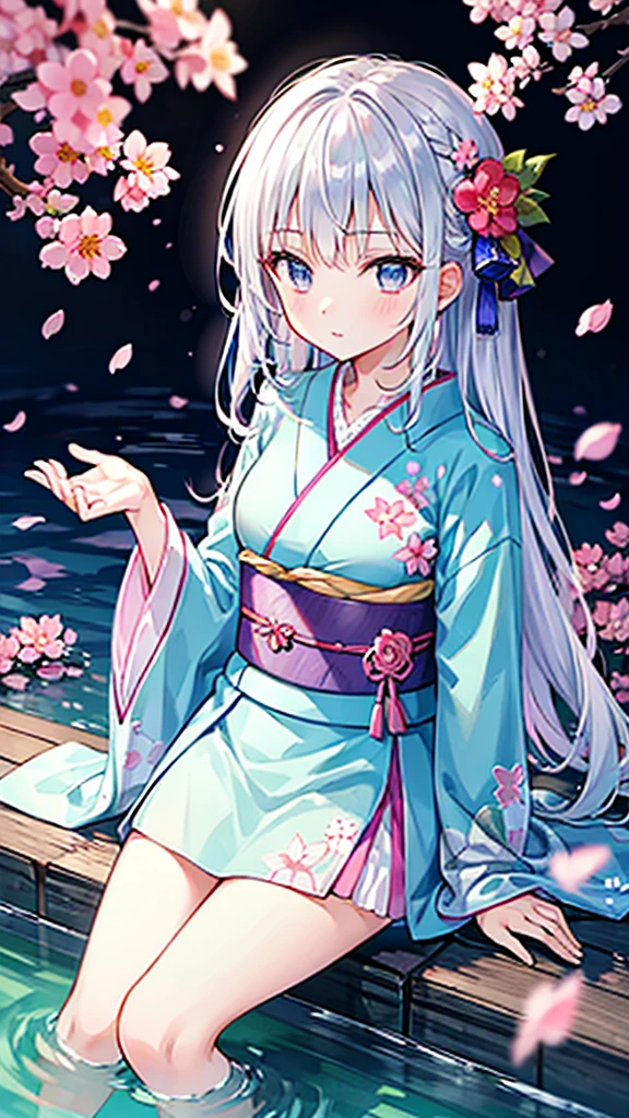 Silver Hair、kimono、Cherry blossom background、water surface、Young Girl、Long Hair