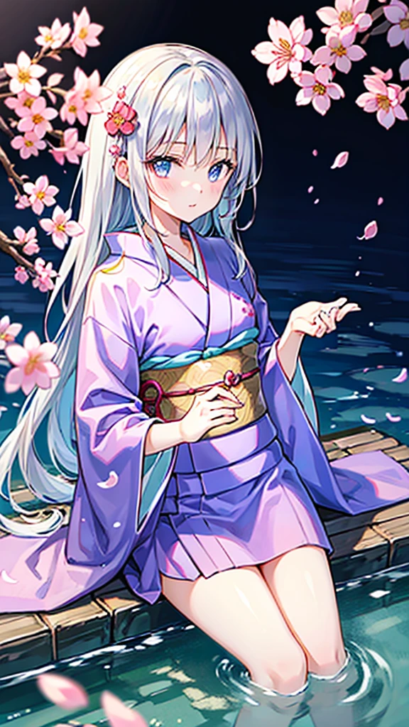 Silver Hair、kimono、Cherry blossom background、water surface、Young Girl、Long Hair