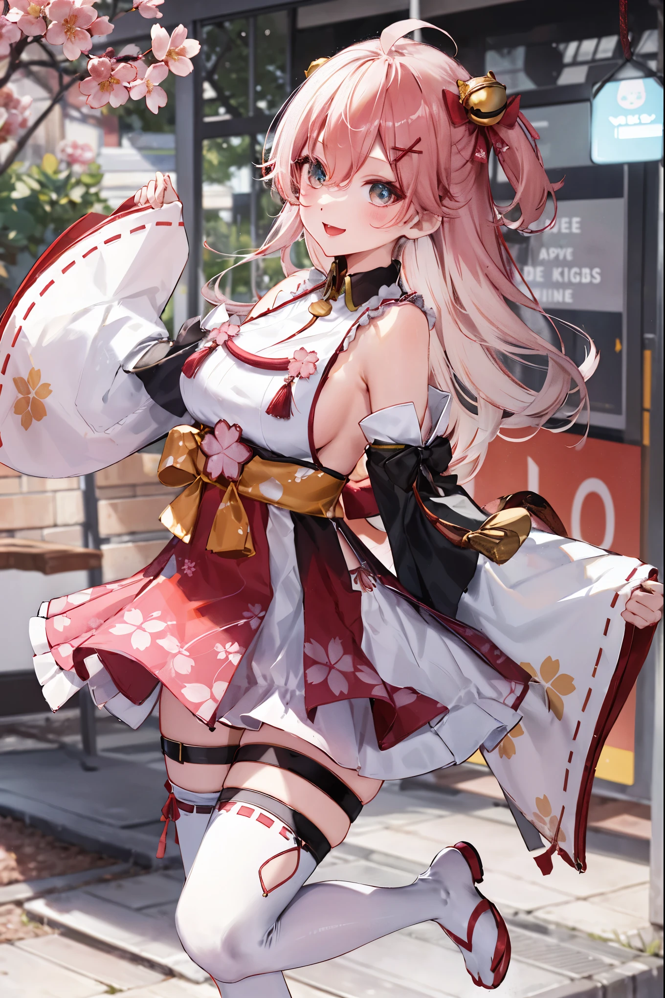 masterpiece, best quality, highres, miko1, sakura_miko, 1girl, big_boobs, solo, ahoge, x_hair_ornament, pink_hair, floral print, hairclip,(side_less_clothes:1.5), (side_boobs:1.5), hair_bell, floral print, long_hair, hair between eyes, one side up, white thighhighs, asymmetrical legwear, wide sleeves, open_mouth,(happy:1.3),gleen_eyes,big_smile,(rise_leg:1.3),plump,apart_legs,(overly_long_sleeves:1.3),),sleeves_past_wrists,hands_hidden_sleeves,sidelock_clothes,dynamic_posing,solo,hidden_wrists,(XD:1.4),covered_nipples,sunlight,cherryblossom_background,