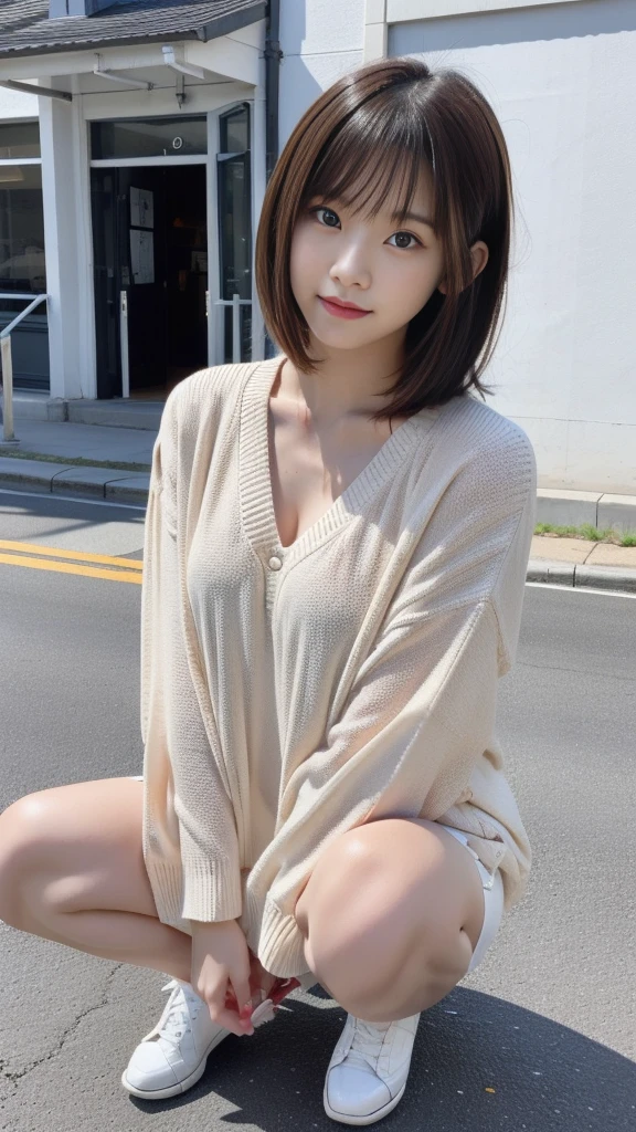 Photo taken by a professional photographer,Close-up of a woman squatting on the sidewalk with her legs crossed, kiko mizuhara, wearing a sweater, Shirahime cut brown hair, wearing a sweater, young and cute girl, japanese model, 白いwearing a sweater, Chiho, カジュアルなwearing a sweater, Beige miniskirt,white panties,Side waves with short hair, a cute young woman, cute young woman,