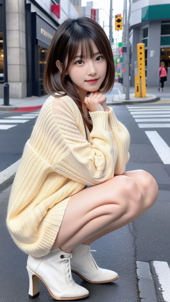 Photo taken by a professional photographer,Close-up of a woman squatting on the sidewalk with her legs crossed, kiko mizuhara, wearing a sweater, Shirahime cut brown hair, wearing a sweater, young and cute girl, japanese model, 白いwearing a sweater, Chiho, カジュアルなwearing a sweater, Beige miniskirt,white panties,Side waves with short hair, a cute young woman, cute young woman,