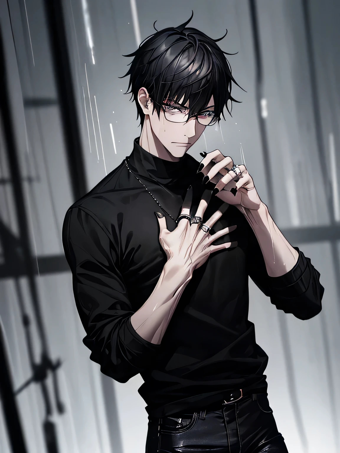 1 guy, black jeans, black sweater, rings on fingers, black nails, Glasses, black hair, a little sporty, Hand to chest, Glass eyes, Malice, anger, portrait, cinematic lighting, Blur background, Best quality, night city, rain, dark colors, wet,