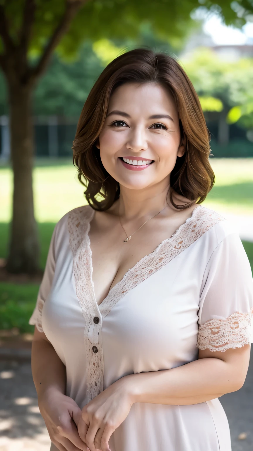 最high quality, In 8K, Overall image, Genuine, Sharp focus, high quality, High resolution, Detailed face, fine grain, Thick lips, Background Blur, alone, Middle-aged women, , 65 years old, , Wavy Hair, Cleavage, Wearing a plain short-sleeved knit, Standing in the park, Wrinkles around the eyes, Smiling with teeth showing