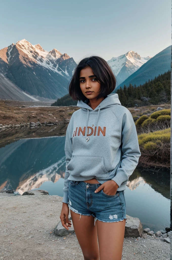 Indian Girl standing in front of mountains wearing sweatshirt with short hair and she hide her face