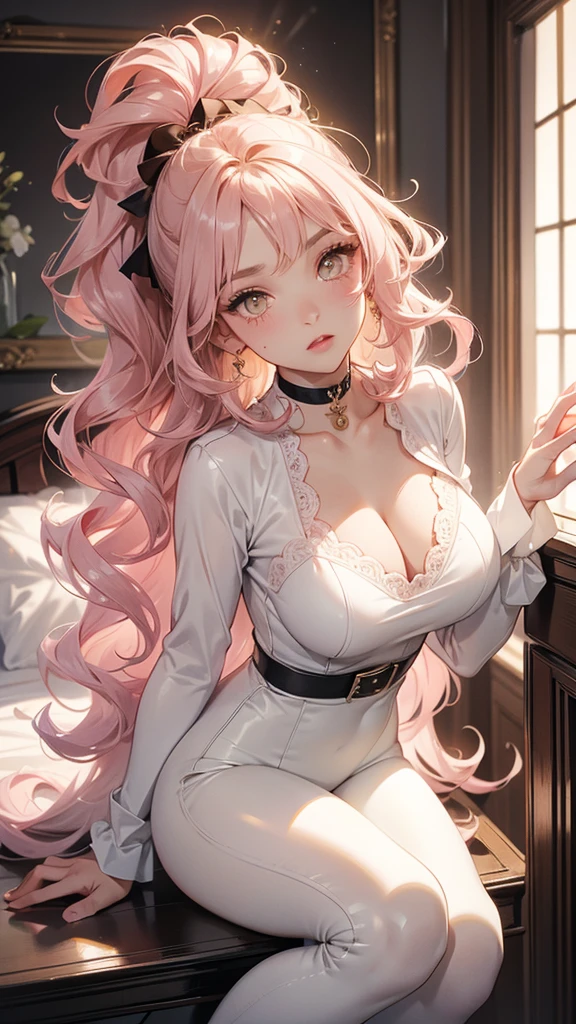 big hair, curly hair ; break; yellow eyes, rosto angelical, gorgeous face, blushed face; rosto ultra detaild; break ; pink and white loose blouse, black leggings, wearing high brown leather boots, choker ; break ; (best qualityer), ((ultra detaild)), (best resolution, ( 4K ) soft strokes, role model, work of art, closes ; break ; (cozy room in the back)