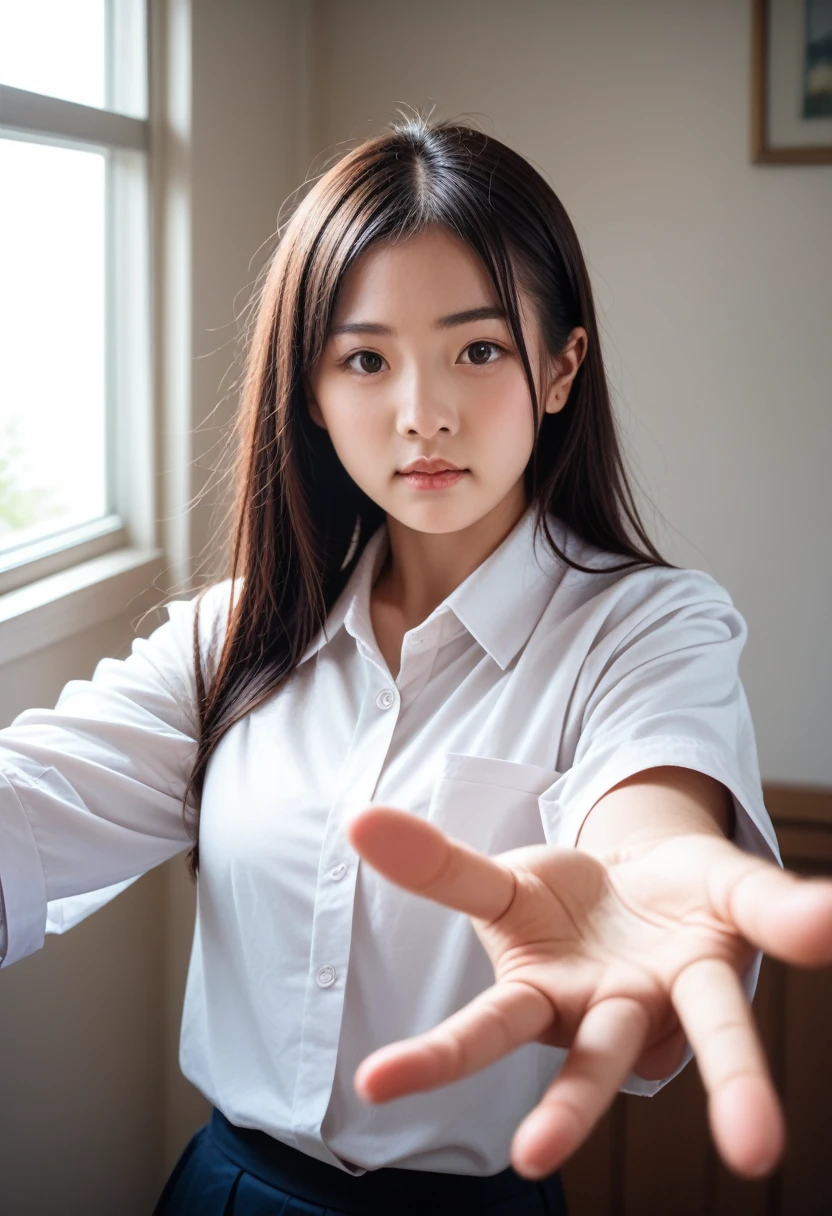 8k, raw photo, best quality, masterpiece, realistic, photo realistic, clear, professional lighting, beautiful face, best quality,ultra high res, realistic japanese beautiful, Super detailed, 1girl, indoor, reaching, foreshortening, perspective