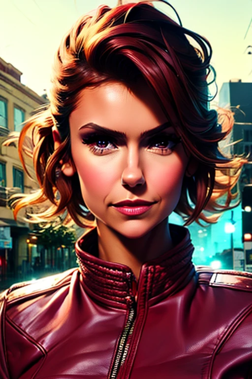 Best quality, realistic, from the front in first person, Nina Dobrev on the street of Los Angeles, (a female mexican Supermodel), (sexy wine red leather jacket:1.1), split, seductive smile, (dark hair), (hairstyle:1.0), Perfect eyes, sharp parts, Detailed face, face-makeup, cheeks turn red, Eyeliner, eyeshadow, Lip gloss, Supermodel, (deep focus), (hard lighting), (night time), (realistic lighting:1.0)
