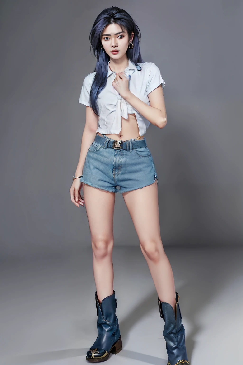 ((beauty eyebrows:1.4, large breast:1.4, beauty eyes:1.4,head out of frame:1.4,lower body:1.4,covering crotch:1.4,(((hand between legs:1.4))))),(((((tall:1.4,full body:1.4,standing:1.4,looking at downside:1.4)),((denim shorts:1.4, belt:1.4, ankle boots:1.4)),calf:1.4,ankle:1.4,knees together feet apart:1.4,sexy:1.4,beauty face:1.4,belt:1.4,1girl:1.4,Mio Serizawa:1.4,blue long hair:1.2,tied shirt:1.2,earrings:1.2, navel:1.2))),((simple background:1.4)),(photo realist: 1.4), (hiper realist: 1.4), (realist: 1.3), (smoother lighting: 1.05), (Improve the quality of movie lighting: 0.9), 32K(increase the beauty of skin texture: 1.4, better quality, (beauty), (masterpiece:1.4), (Physically based rendering:1.4), (ultra high resolution:1.4), (best quality:1.4)
