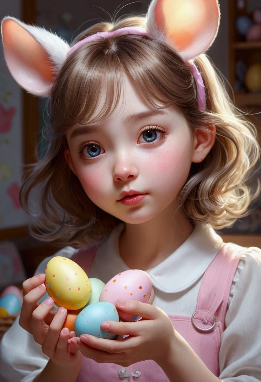 Beautiful with dreamy eyes, mouse or rat, Cute Girls, Volumetric Light, Ultra-realistic, Intricate details, shape, Painting, watercolor, Cute Chibi, Eating Easter eggs, ah!, Shallow depth of field, Pastel Color Palette, Soft lighting, minimum, Modern, Digital Painting, Lois van Baerle、Ross Tran、Art by artgerm, Artstation HQのトレンド, Very detailed,Sleep,Are sleeping