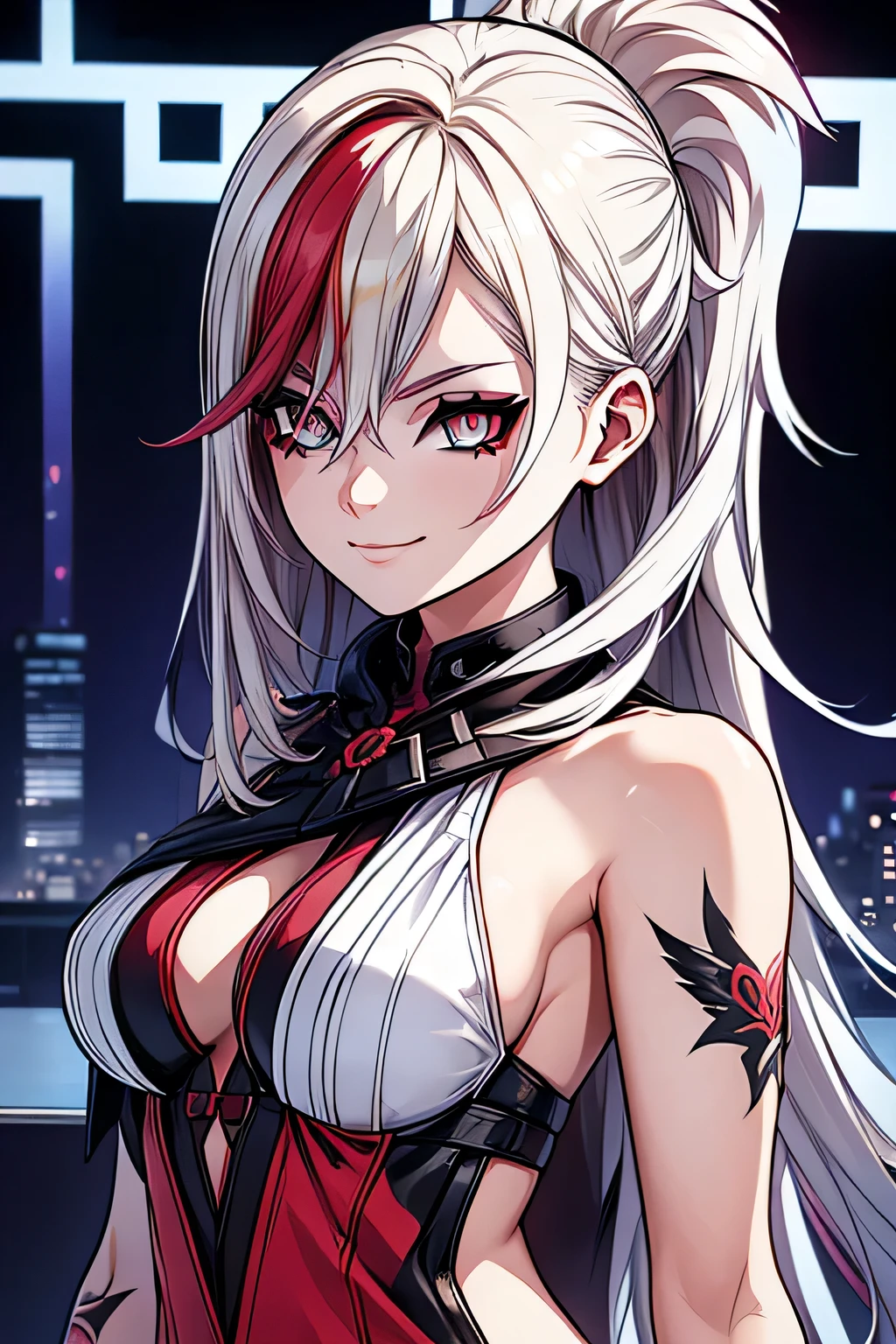 Perfil portrait image of a woman with long blond hair, with lots of red highlights, hair of two colors (blond and red) , big red bloody eyes, she wears secular clothes and has a lot ((tattoos on body)). She smiles like a villain,, Big Evil Smile, with a moon tattoo on his face, she is against the backdrop of a dark city, symmetrical face, ((symmetrical eyes)), high contrast, digital art trend on Artstation 8k HD high definition detailed realistic , hyper detailed,